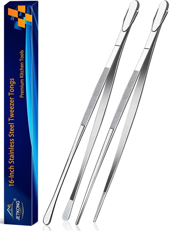 JETKONG 2 Pcs 16-Inch Kitchen Tweezers Extra Long Tweezer Tongs, Heavy Duty Stainless Steel Cooking Tweezers (Silver) - Image 1